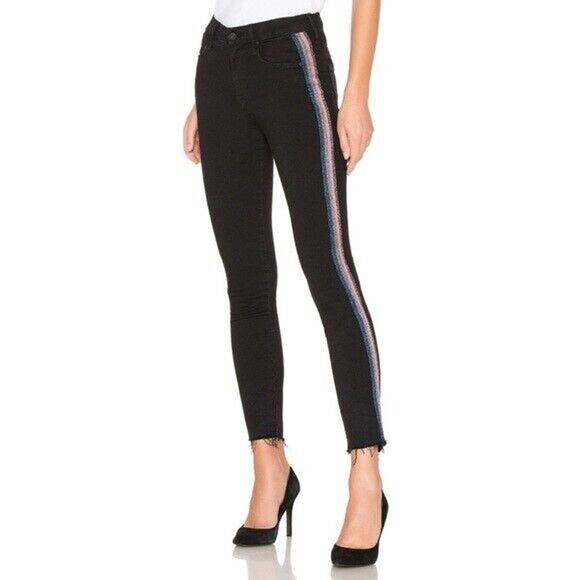 Mother Black High Waisted Looker Ankle Fray In Guilty Glitter Racer Jeans Sz. 26 - Picture 1 of 14